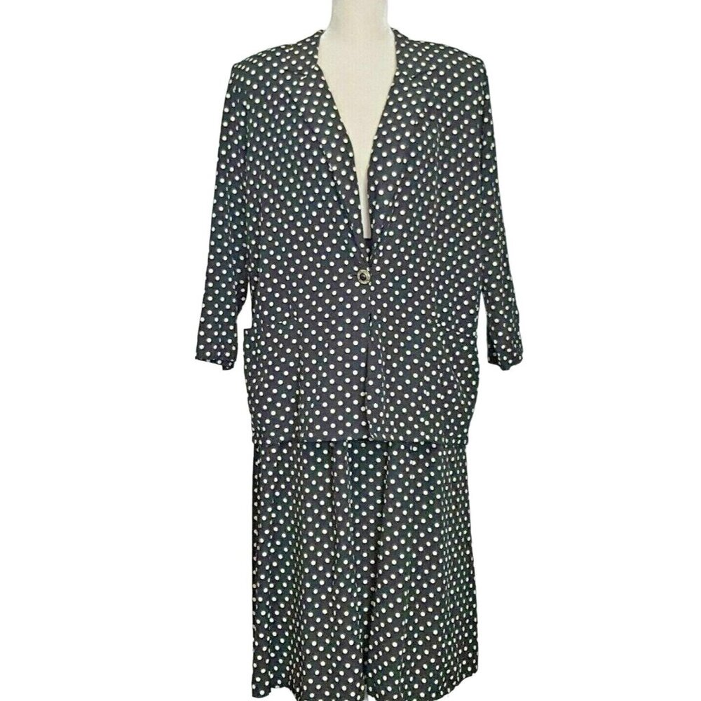 Vintage Michele Leslie Suit Blazer Skirt Black Polka Dot Career Medium